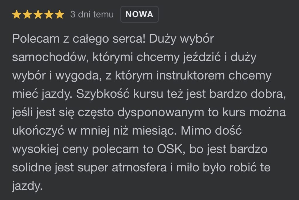 kurs prawa jazdy Warszawa w szkole jazdy OSK Prosto Jakuba Dymowskiego otrzymuje kolejną opinię