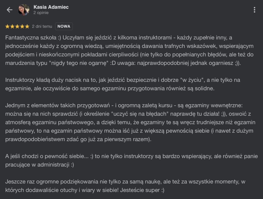 szkoła jazdy Warszawa osk Prosto kolejna opinia kursantki, która zdała egzamin na prawo jazdy w Warszawie