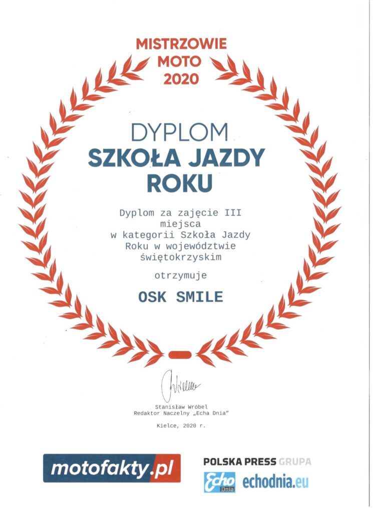 Dyplom Szkoła Jazdy roku OSK Smile Ostrowiec Świętokrzyski