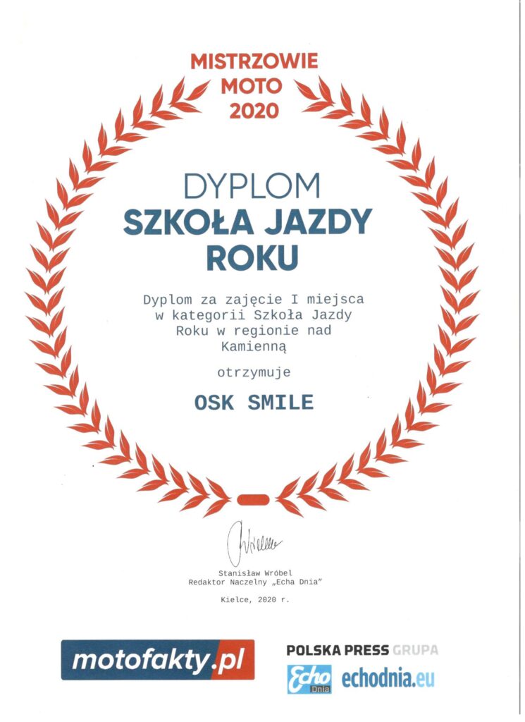 Dyplom Szkoła jazdy roku OSK Smile