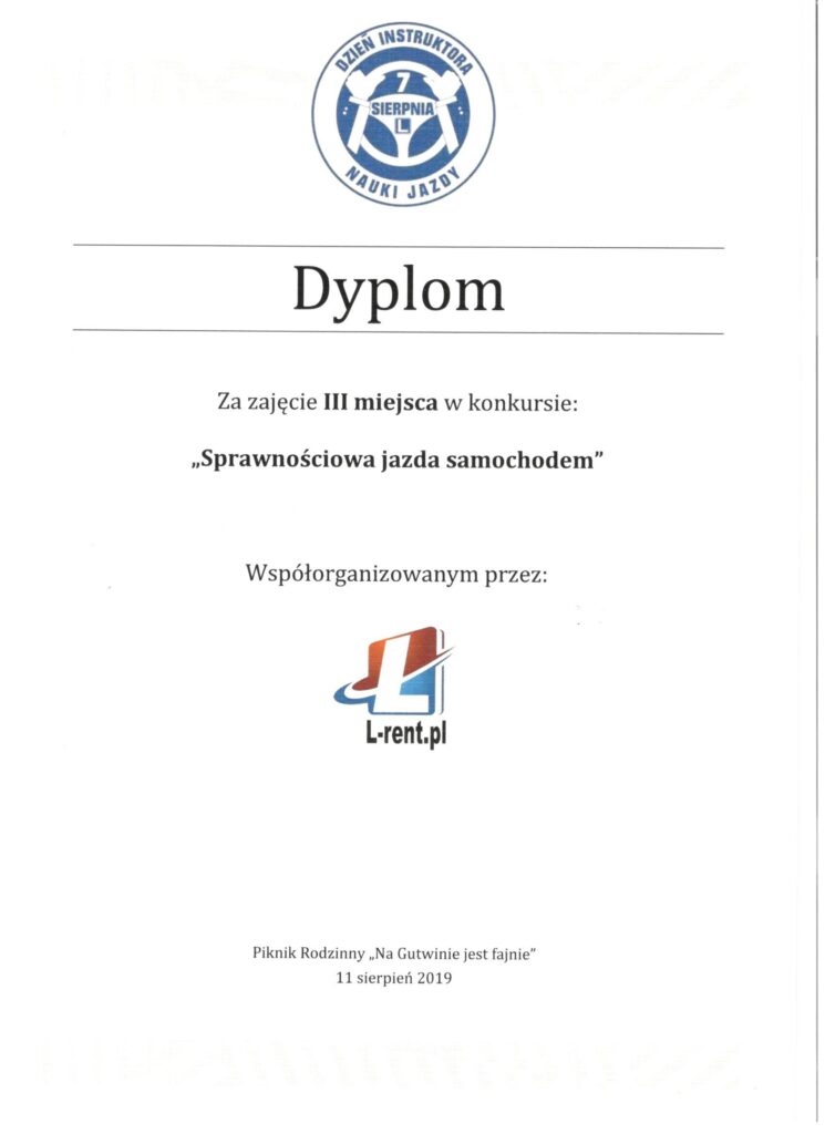 Dyplom sprawności jazdy autem OSK Smile