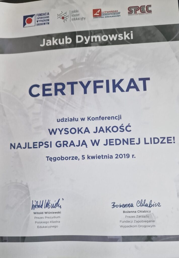 Certfikat Wysokiej Jakości dla Jaub Dymowski ze szkoły jazdy Prosto w Warszawie