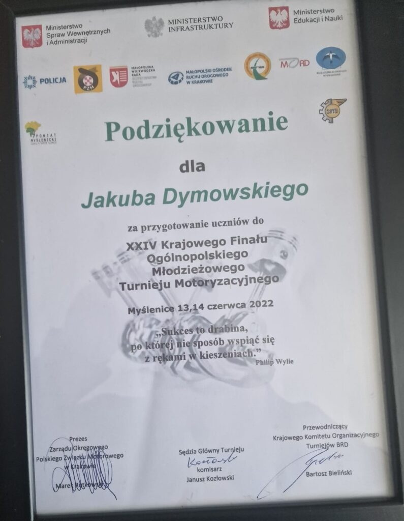 Certyfikat dla Jakuba Dymowskiego z udział w Turnieju motoryzacyjnym