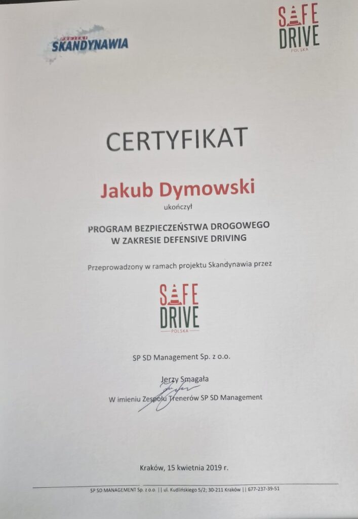 Certyfikat dla szkoły jazdy Prosto w Warszawie