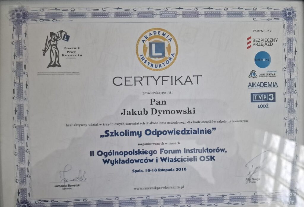 Certyfikat szkolenia Szkolimy Odpowiedzialnie w OSK Prosto w Warszawie