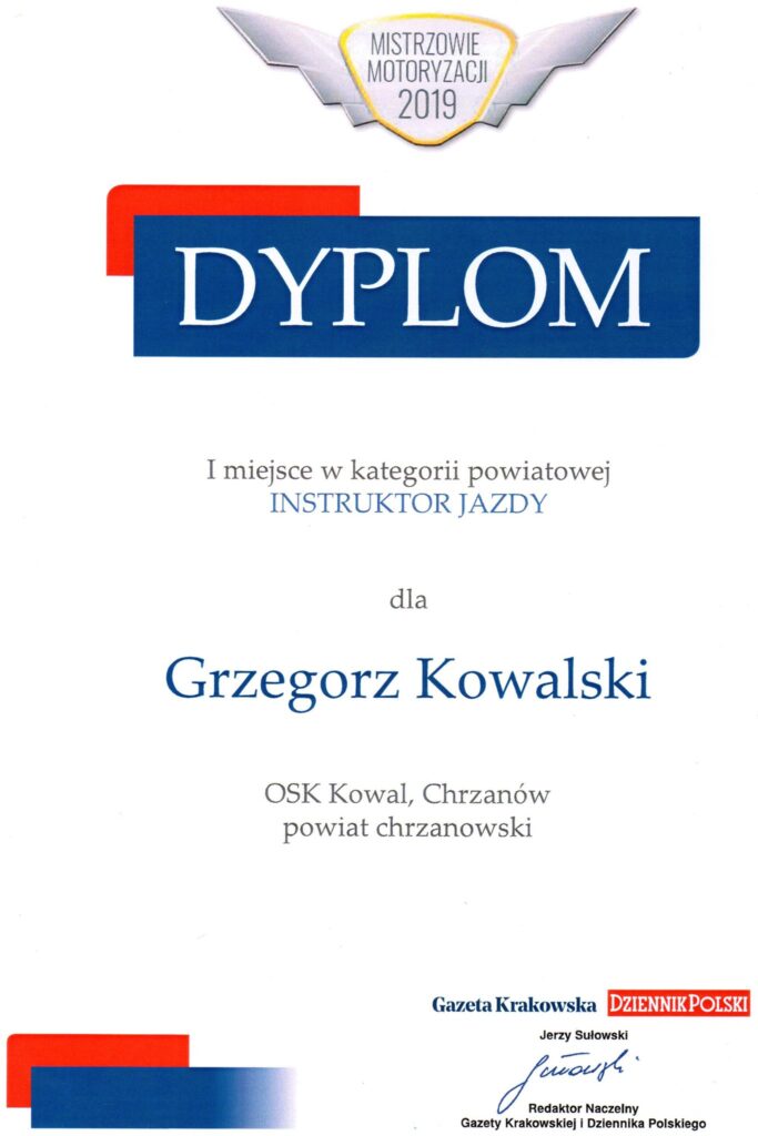 OSK Kowal Dyplom dla Grzegorz Kowalski