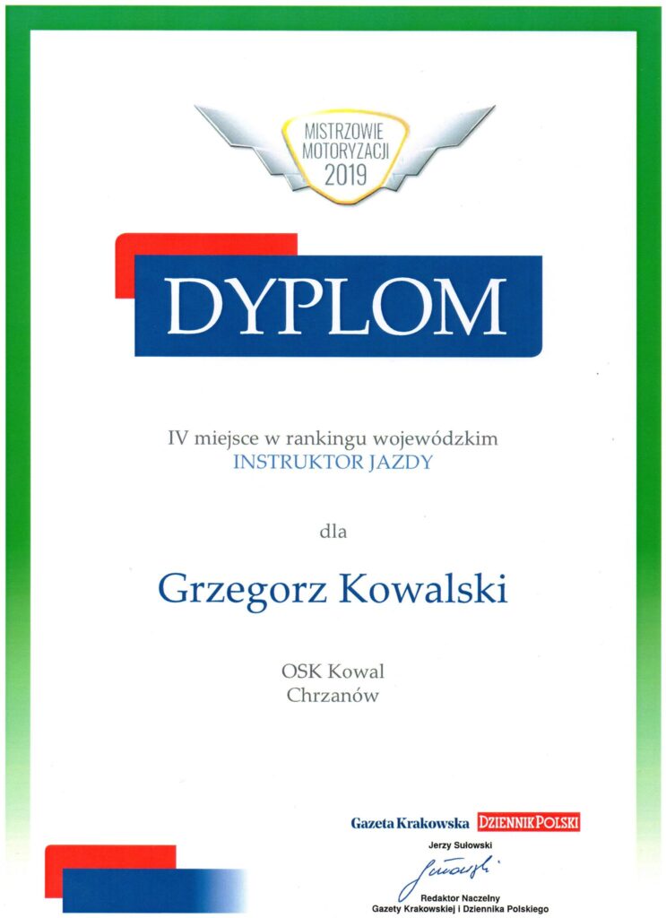 OSK Kowal dyplom dla Grzegorza Kowalskiego