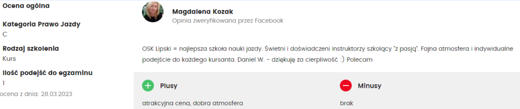 Opinia o nauce jazdy w OSK Lipski w Puławach zaprasza